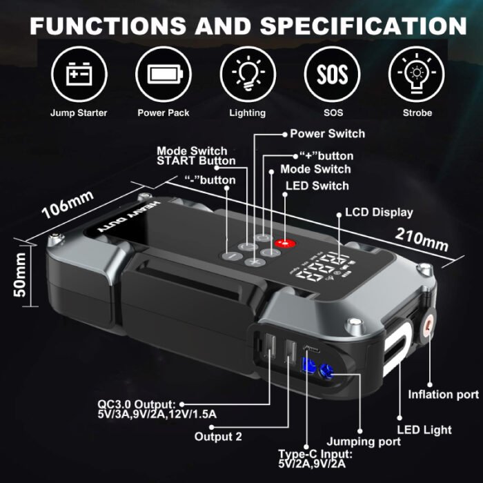 ⁦Compresseur De Voiture Avec Booster Batterie 26000Mah BEETRO⁩ - الصورة ⁦4⁩