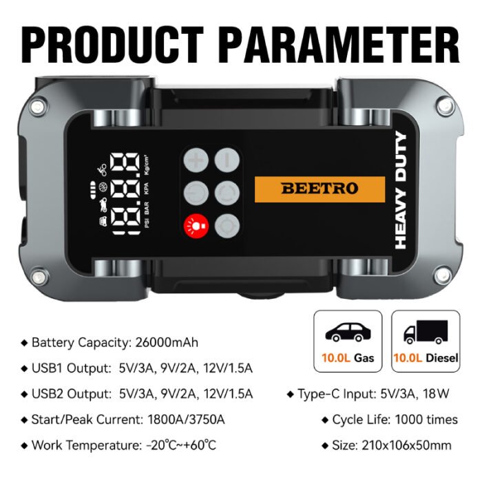 ⁦Compresseur De Voiture Avec Booster Batterie 26000Mah BEETRO⁩ - الصورة ⁦6⁩